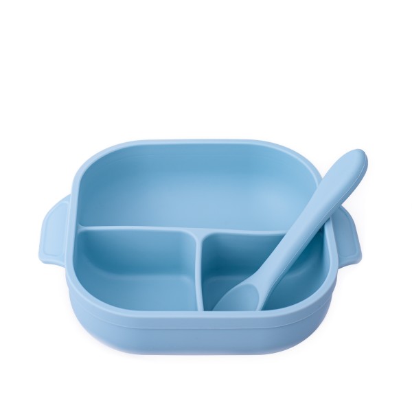 Set diversificare pentru copii - Farfurie compartimentata cu ventuza, capac si lingurita din silicon Oaki, bleu