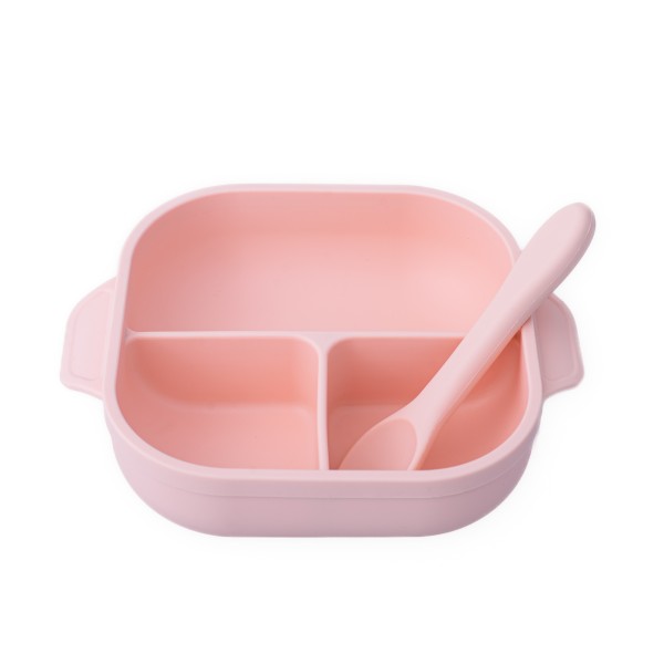 Set diversificare pentru copii - Farfurie compartimentata cu ventuza, capac si lingurita din silicon Oaki, roz pal