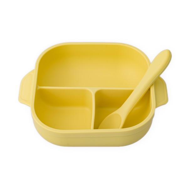 Set diversificare pentru copii - Farfurie compartimentata cu ventuza, capac si lingurita din silicon Oaki, galben pal