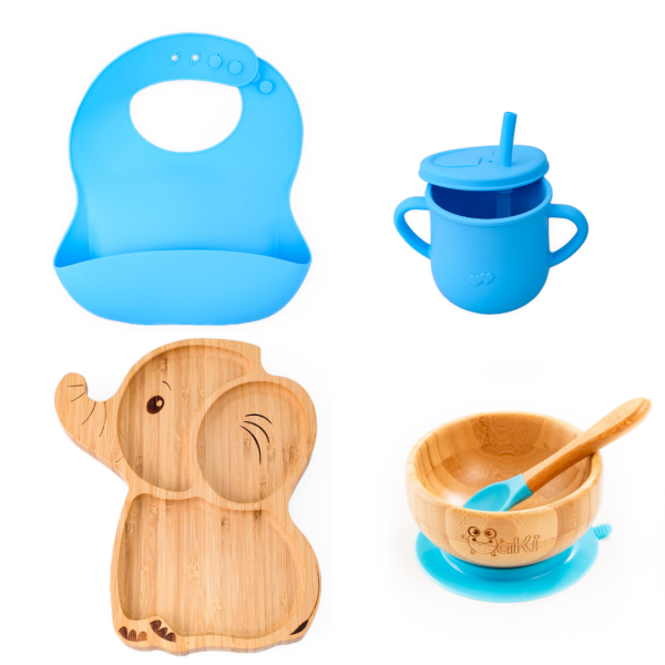 Set diversificare pentru copii - Castron si farfurie elefant din bambus cu lingurita, cana cu pai si baveta Oaki, albastru