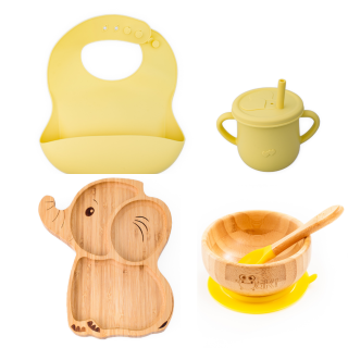 Set diversificare pentru copii - Castron si farfurie elefant din bambus cu lingurita, cana cu pai si baveta Oaki, galben