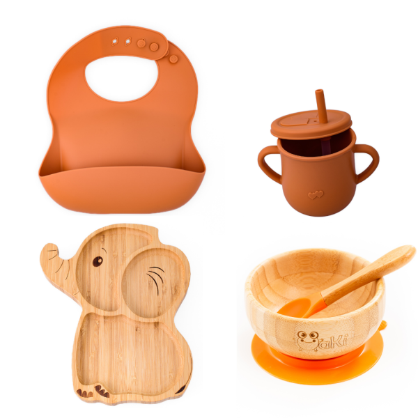 Set diversificare pentru copii - Castron si farfurie elefant din bambus cu lingurita, cana cu pai si baveta Oaki, portocaliu