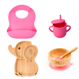 Set diversificare pentru copii - Castron si farfurie elefant din bambus cu lingurita, cana cu pai si baveta Oaki, roz