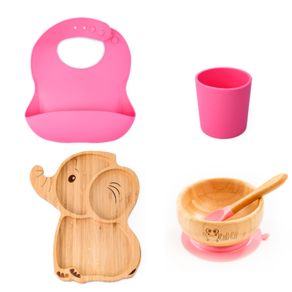 Set diversificare pentru copii - Castron si farfurie elefant din bambus cu lingurita, pahar si baveta Oaki, roz