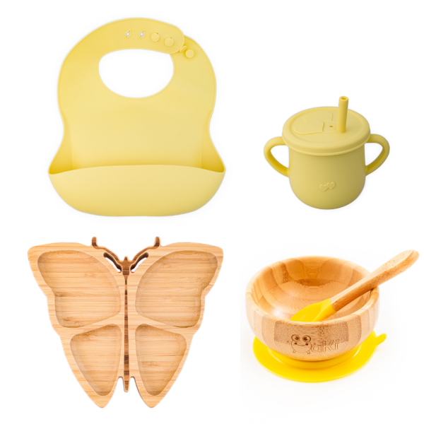 Set diversificare pentru copii - Castron si farfurie fluturas din bambus cu lingurita, cana cu pai si baveta Oaki, galben