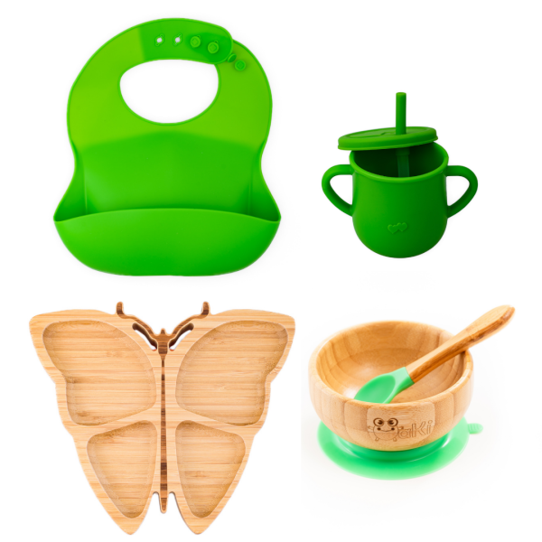 Set diversificare pentru copii - Castron si farfurie fluturas din bambus cu lingurita, cana cu pai si baveta Oaki, verde