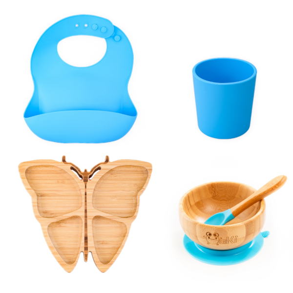 Set diversificare pentru copii - Castron si farfurie fluturas din bambus cu lingurita, pahar si baveta Oaki, albastru