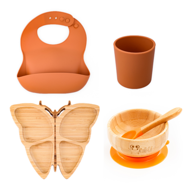 Set diversificare pentru copii - Castron si farfurie fluturas din bambus cu lingurita, pahar si baveta Oaki, portocaliu
