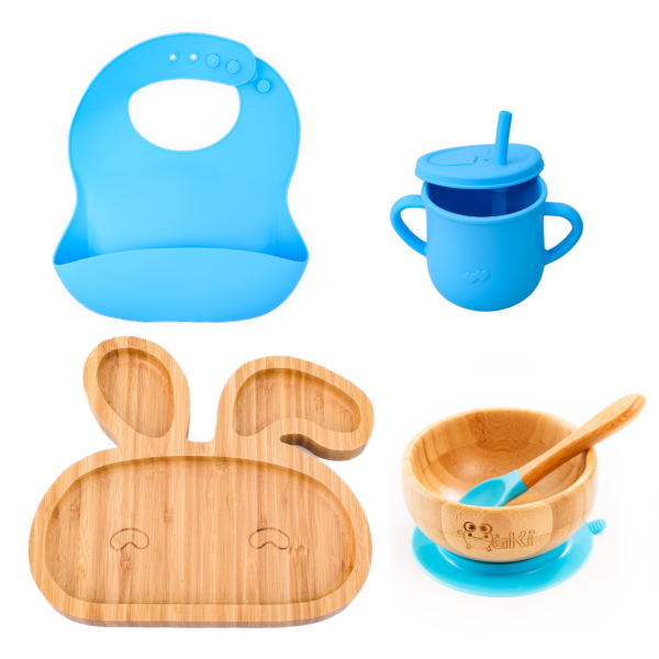 Set diversificare pentru copii - Castron si farfurie iepuras din bambus cu lingurita, cana cu pai si baveta Oaki, albastru
