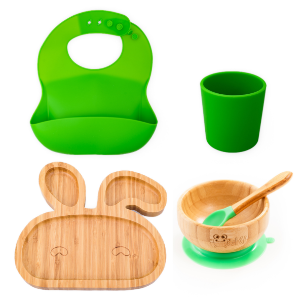Set diversificare pentru copii - Castron si farfurie iepuras din bambus cu lingurita, pahar si baveta Oaki, verde