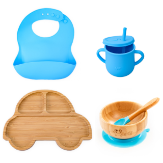 Set diversificare pentru copii - Castron si farfurie masinuta din bambus cu lingurita, cana cu pai si baveta Oaki, albastru
