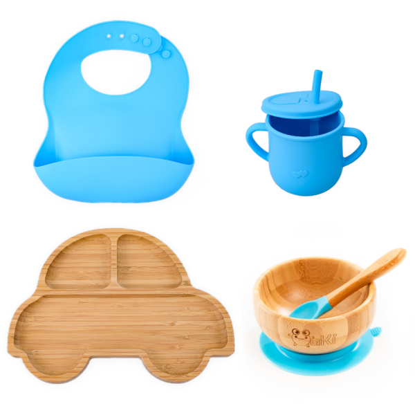 Set diversificare pentru copii - Castron si farfurie masinuta din bambus cu lingurita, cana cu pai si baveta Oaki, albastru