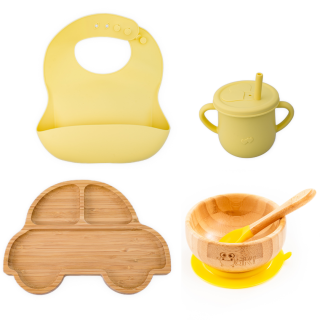 Set diversificare pentru copii - Castron si farfurie masinuta din bambus cu lingurita, cana cu pai si baveta Oaki, galben