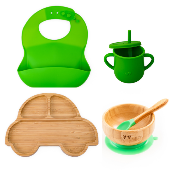 Set diversificare pentru copii - Castron si farfurie masinuta din bambus cu lingurita, cana cu pai si baveta Oaki, verde