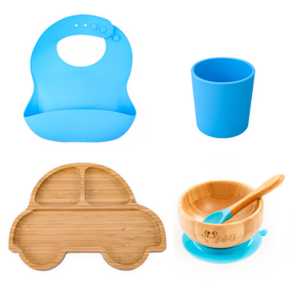 Set diversificare pentru copii - Castron si farfurie masinuta din bambus cu lingurita, pahar si baveta Oaki, albastru