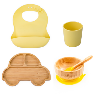Set diversificare pentru copii - Castron si farfurie masinuta din bambus cu lingurita, pahar si baveta Oaki, galben