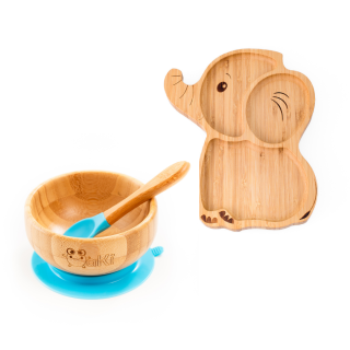 Set diversificare pentru copii - Castron si farfurie elefant din bambus cu lingurita Oaki, albastru