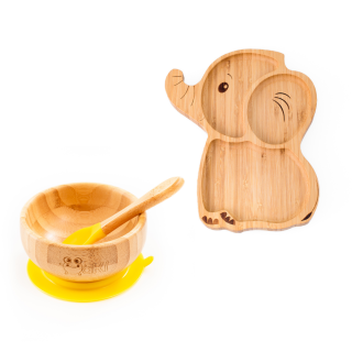 Set diversificare pentru copii - Castron si farfurie elefant din bambus cu lingurita Oaki, galben