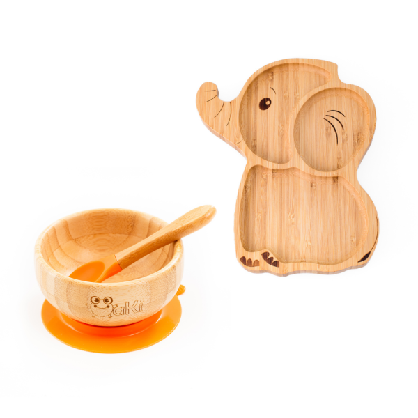 Set diversificare pentru copii - Castron si farfurie elefant din bambus cu lingurita Oaki, portocaliu