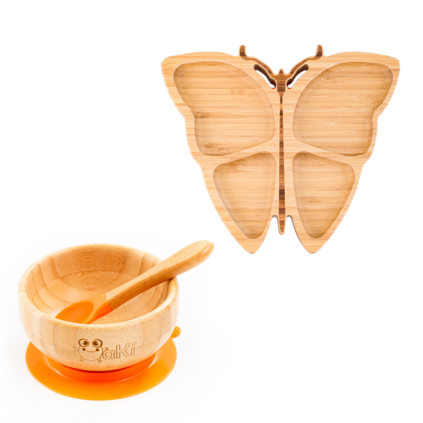 Set diversificare pentru copii - Castron si farfurie fluturas din bambus cu lingurita Oaki, portocaliu