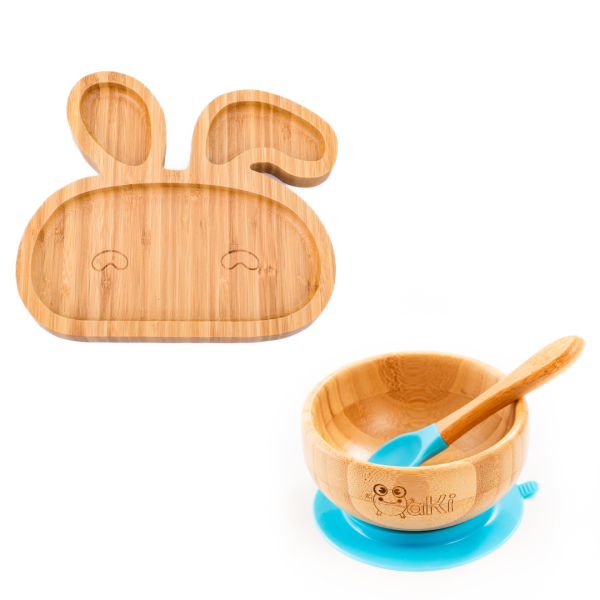 Set diversificare pentru copii - Castron si farfurie iepuras din bambus cu lingurita Oaki, albastru