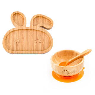 Set diversificare pentru copii - Castron si farfurie iepuras din bambus cu lingurita Oaki, portocaliu