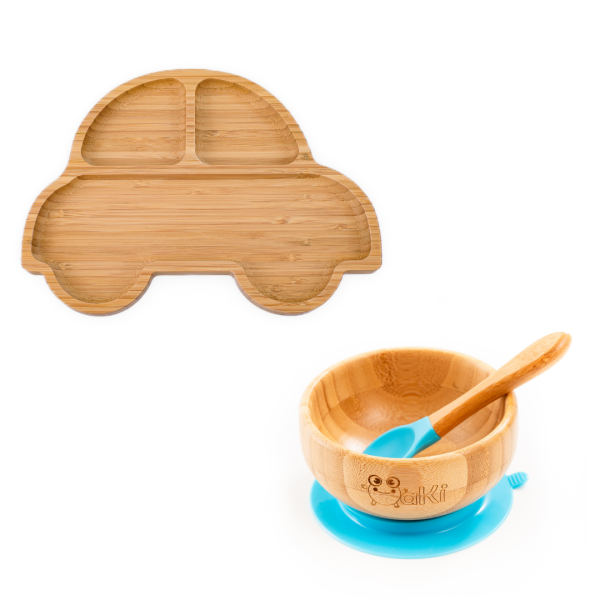 Set diversificare pentru copii - Castron si farfurie masinuta din bambus cu lingurita Oaki, albastru
