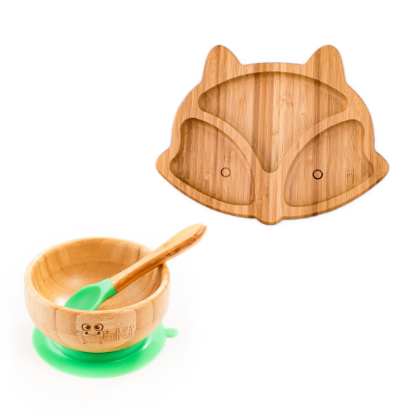 Set diversificare pentru copii - Castron si farfurie vulpita din bambus cu linguritaOaki, verde