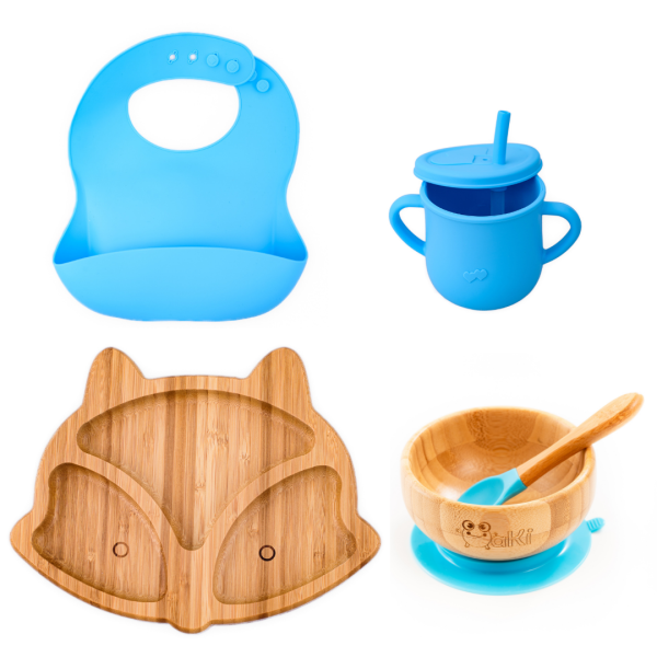 Set diversificare pentru copii - Castron si farfurie vulpita din bambus cu lingurita, cana cu pai si baveta Oaki, albastru