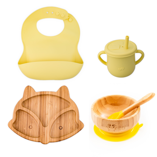 Set diversificare pentru copii - Castron si farfurie vulpita din bambus cu lingurita, cana cu pai si baveta Oaki, galben