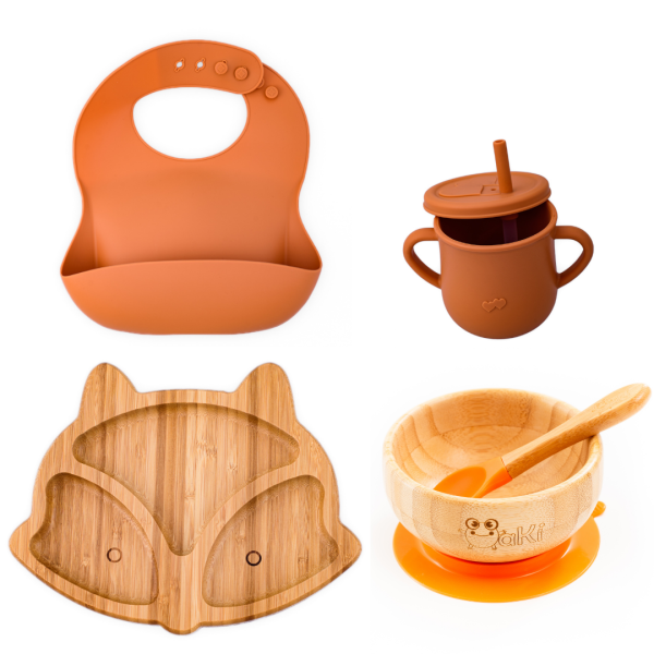 Set diversificare pentru copii - Castron si farfurie vulpita din bambus cu lingurita, cana cu pai si baveta Oaki, portocaliu