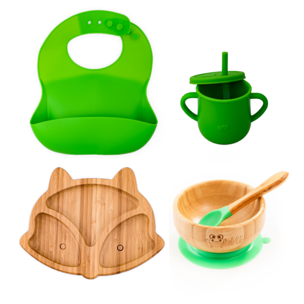 Set diversificare pentru copii - Castron si farfurie vulpita din bambus cu lingurita, cana cu pai si baveta Oaki, verde