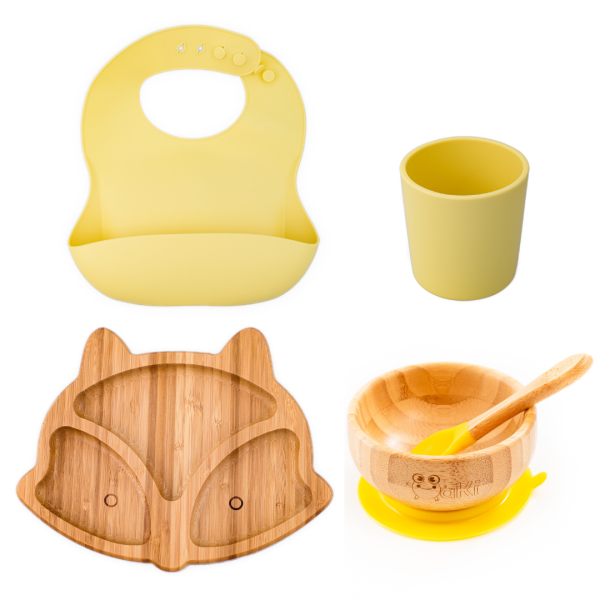 Set diversificare pentru copii - Castron si farfurie vulpita din bambus cu lingurita, pahar si baveta Oaki, galben