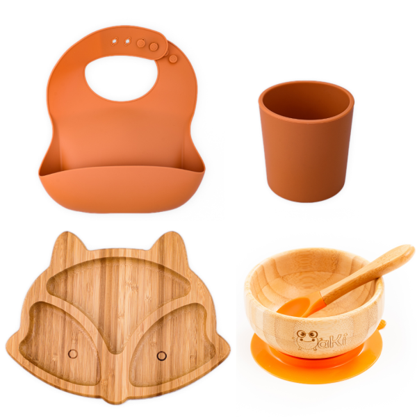 Set diversificare pentru copii - Castron si farfurie vulpita din bambus cu lingurita, pahar si baveta Oaki, portocaliu