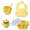 Set diversificare pentru copii - Castron cu ventuza si lingurita, farfurie cu ventuza, lingurita si capac, baveta, canita cu manere si pai, galben pal
