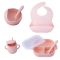 Set diversificare pentru copii - Castron cu ventuza si lingurita, farfurie cu ventuza, lingurita si capac, baveta, canita cu manere si pai, roz pal