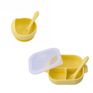 Set diversificare pentru copii - Castron cu ventuza si lingurita, farfurie cu ventuza, lingurita si capac, galben pal