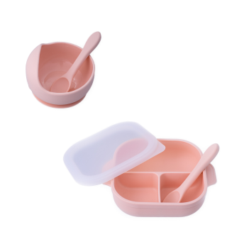 Set diversificare pentru copii - Castron cu ventuza si lingurita, farfurie cu ventuza, lingurita si capac, roz pal