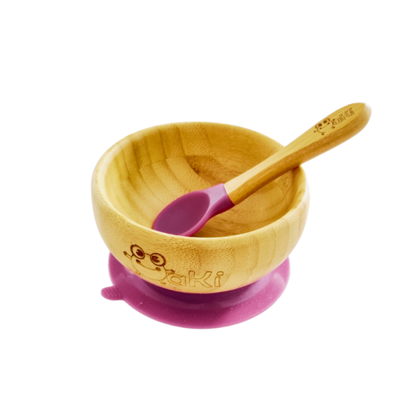 Set diversificare pentru copii - Castron si lingurita din bambus Oaki, mov