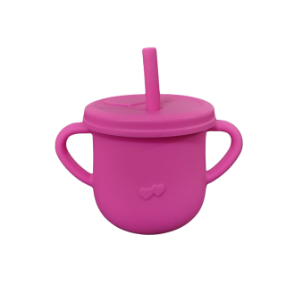 Cana din silicon cu manere si pai pentru copii, 200 ml, fucsia