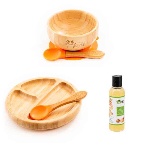 Set diversificare pentru copii – Castron, farfurie si doua lingurite din bambus Oaki, portocaliu si Ulei pentru intretinerea produselor din lemn din bucatarie 100ml