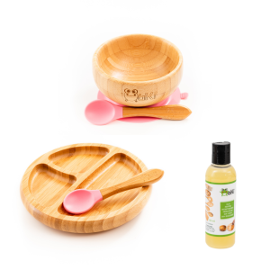 Set diversificare pentru copii – Castron, farfurie si doua lingurite din bambus Oaki, roz si Ulei pentru intretinerea produselor din lemn din bucatarie 100ml