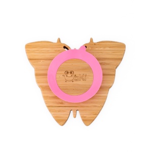 Set diversificare pentru copii - Castron si farfurie fluturas din bambus cu lingurita Oaki, roz