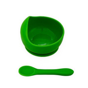 Set diversificare pentru copii - Castron cu ventuza si lingurita din silicon Oaki, verde