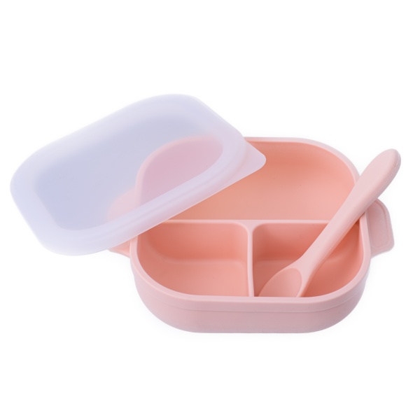 Set diversificare pentru copii - Farfurie compartimentata cu ventuza, capac si lingurita din silicon Oaki, roz pal
