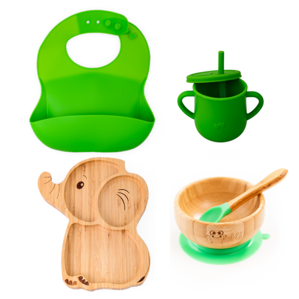 Set diversificare pentru copii - Castron si farfurie elefant din bambus cu lingurita, cana cu pai si baveta Oaki, verde