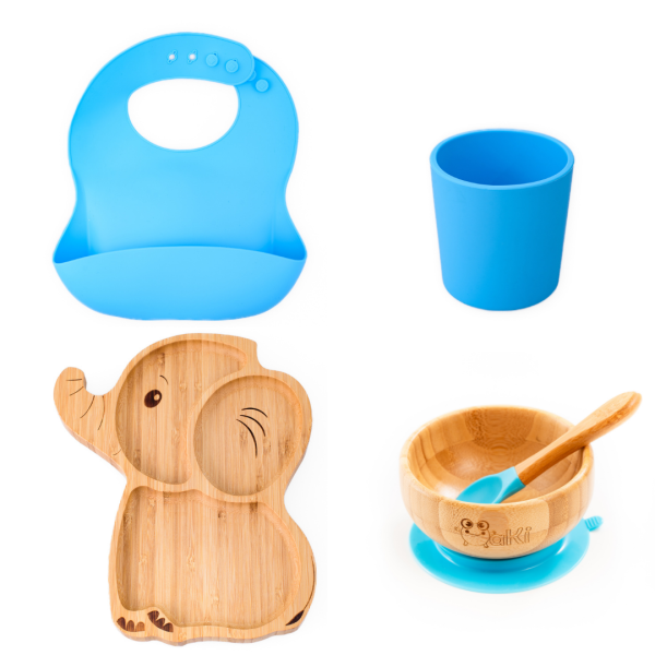 Set diversificare pentru copii - Castron si farfurie elefant din bambus cu lingurita, pahar si baveta Oaki, albastru