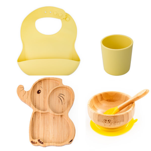 Set diversificare pentru copii - Castron si farfurie elefant din bambus cu lingurita, pahar si baveta Oaki, galben