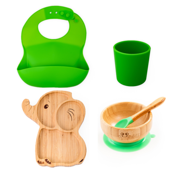 Set diversificare pentru copii - Castron si farfurie elefant din bambus cu lingurita, pahar si baveta Oaki, verde