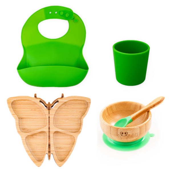Set diversificare pentru copii - Castron si farfurie fluturas din bambus cu lingurita, pahar si baveta Oaki, verde